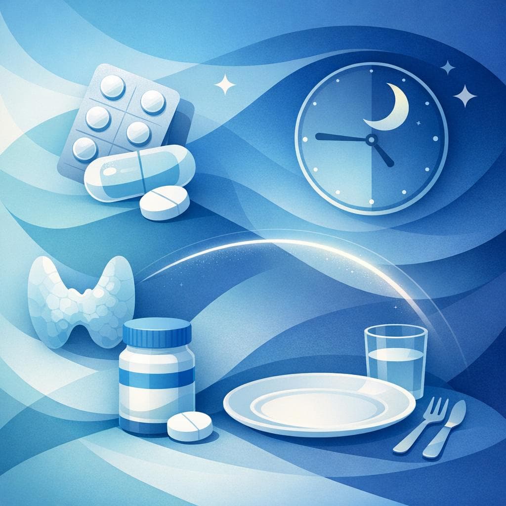 Medical illustration for Based on NIH | Do I need to fast at night before taking levothyroxine in the morning, and how many hours should I wait before eating? - Persly Health Information