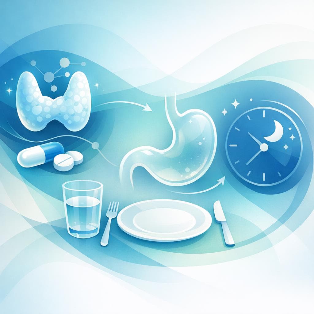 Medical illustration for Based on NIH | Do I need to take levothyroxine on a fasting empty stomach, and how long should I wait before eating, drinking coffee, or taking other medications? - Persly Health Information
