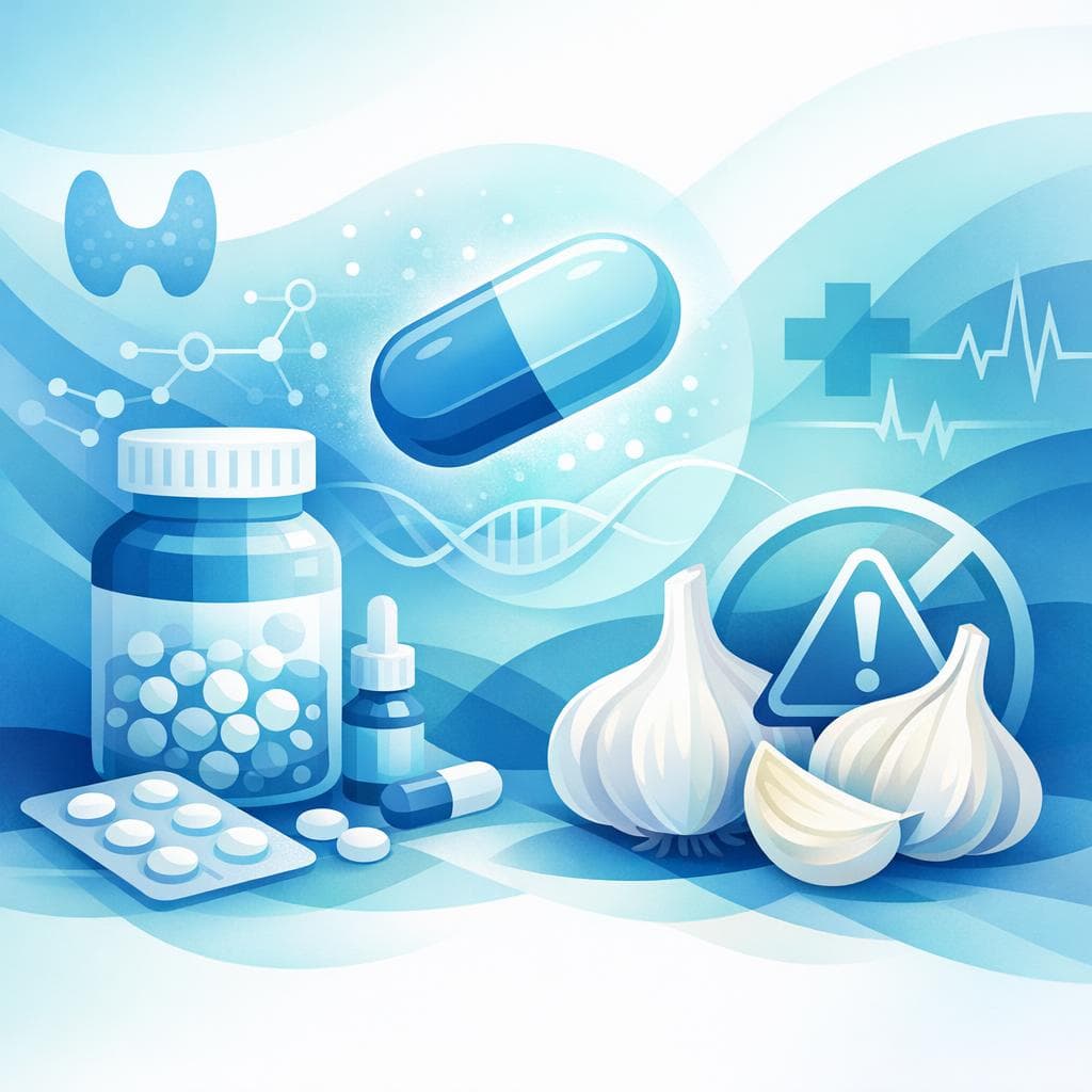 Medical illustration for Based on NIH | Can garlic or garlic supplement use interfere with levothyroxine, and is there a specific garlic dosage I should avoid to prevent reduced absorption or efficacy? - Persly Health Information