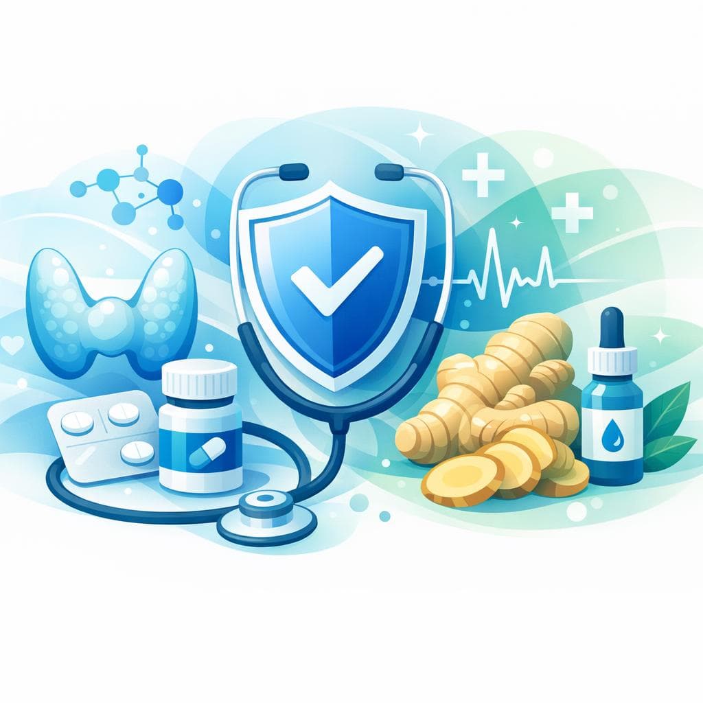 Medical illustration for Based on NIH | Is it safe to consume ginger daily while taking levothyroxine, or could it interfere with absorption or thyroid hormone levels? - Persly Health Information