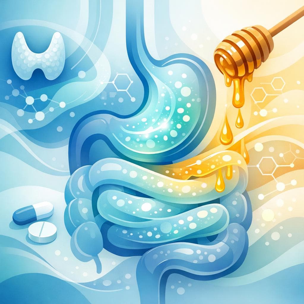 Medical illustration for Based on NIH | Can I eat honey shortly after taking levothyroxine, or should I wait a certain amount of time to avoid absorption issues? - Persly Health Information