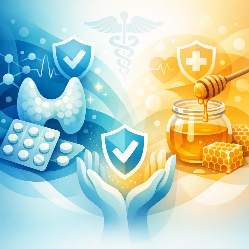 Medical illustration for 미국 NIH 자료 기반 | 레보티록신을 복용할 때 매일 꿀을 먹어도 상호작용이나 약효 저하 없이 안전하다는 말이 사실인가요? - Persly Health Information