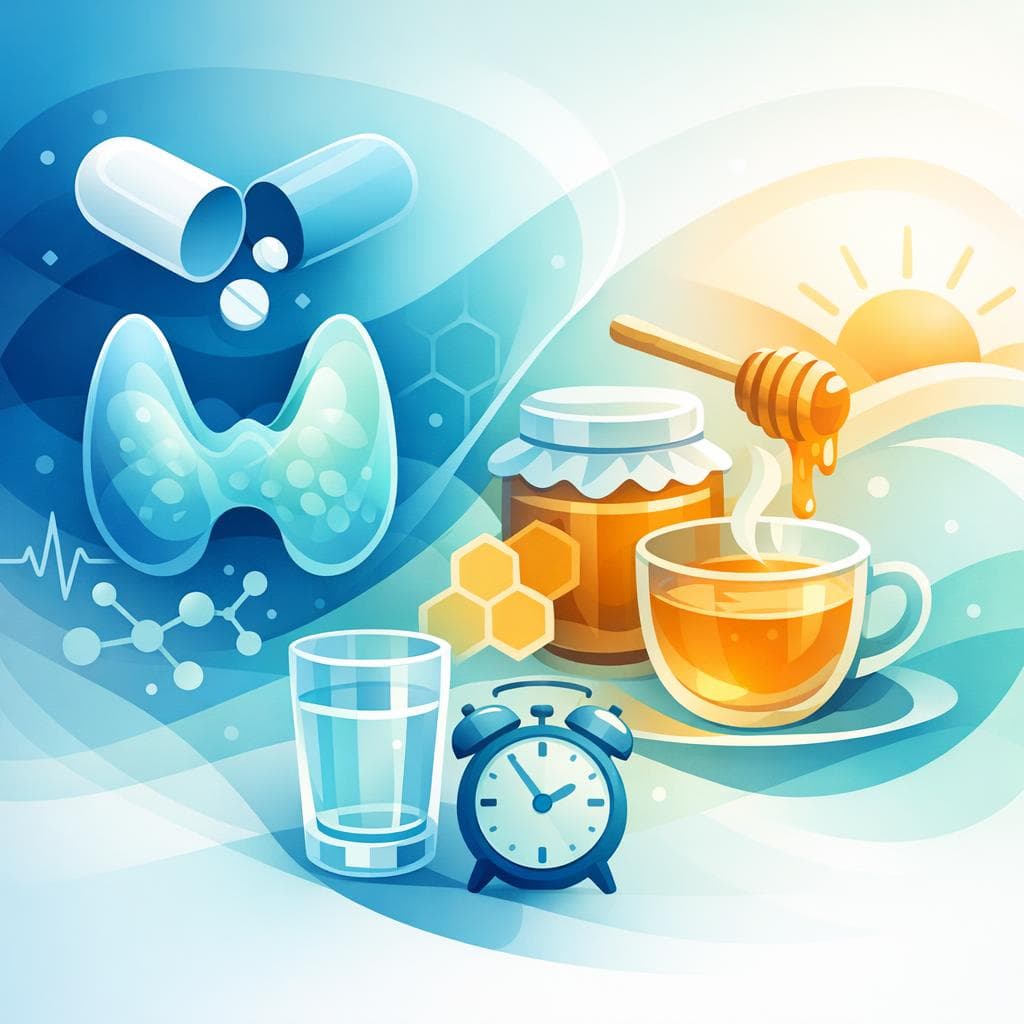 Medical illustration for 미국 NIH 자료 기반 | 레보티록신을 아침 공복에 복용한 뒤 바로 꿀이나 꿀물을 마셔도 약 흡수에 영향을 주지 않나요? - Persly Health Information