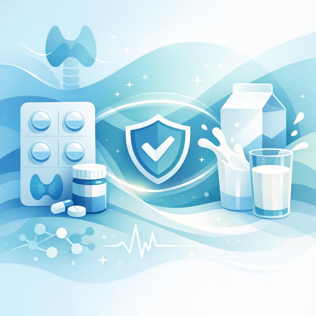 Medical illustration for Based on NIH | Does drinking milk with or shortly after taking Levothyroxine reduce its absorption, and how long should I wait between my dose and consuming dairy products? - Persly Health Information