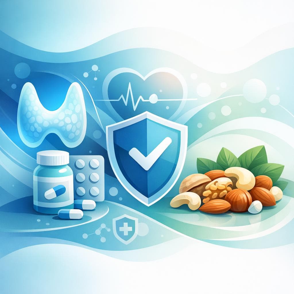 Medical illustration for Based on NIH | Is it safe to eat nuts every day while taking levothyroxine, or can nuts (such as walnuts, almonds, or nut butters) interfere with absorption and require separating the medication by a certain amount of time? - Persly Health Information