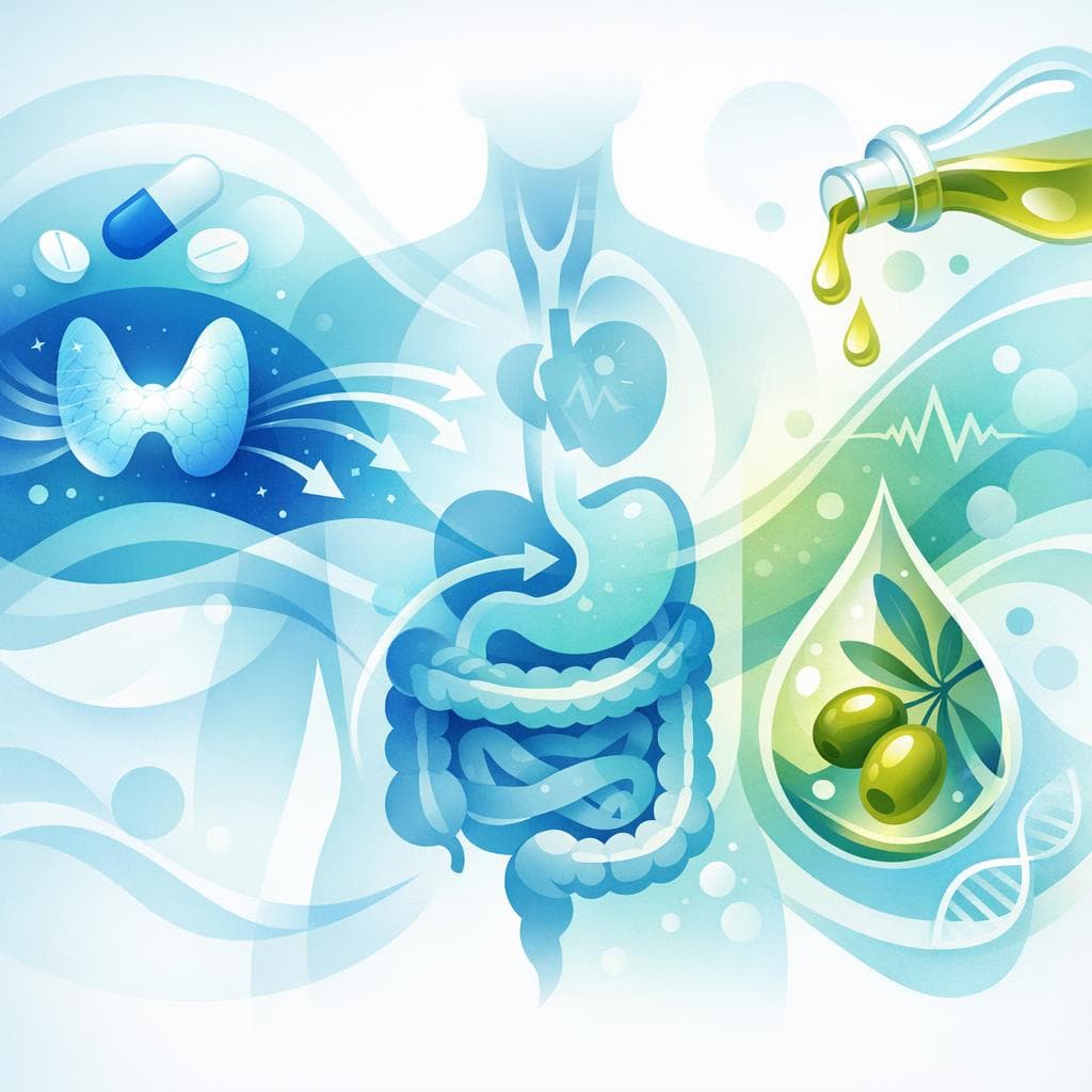 Medical illustration for 미국 NIH 자료 기반 | 레보티록신 복용 직후 올리브 오일을 섭취하면 약물 흡수나 효과에 영향을 주나요? - Persly Health Information