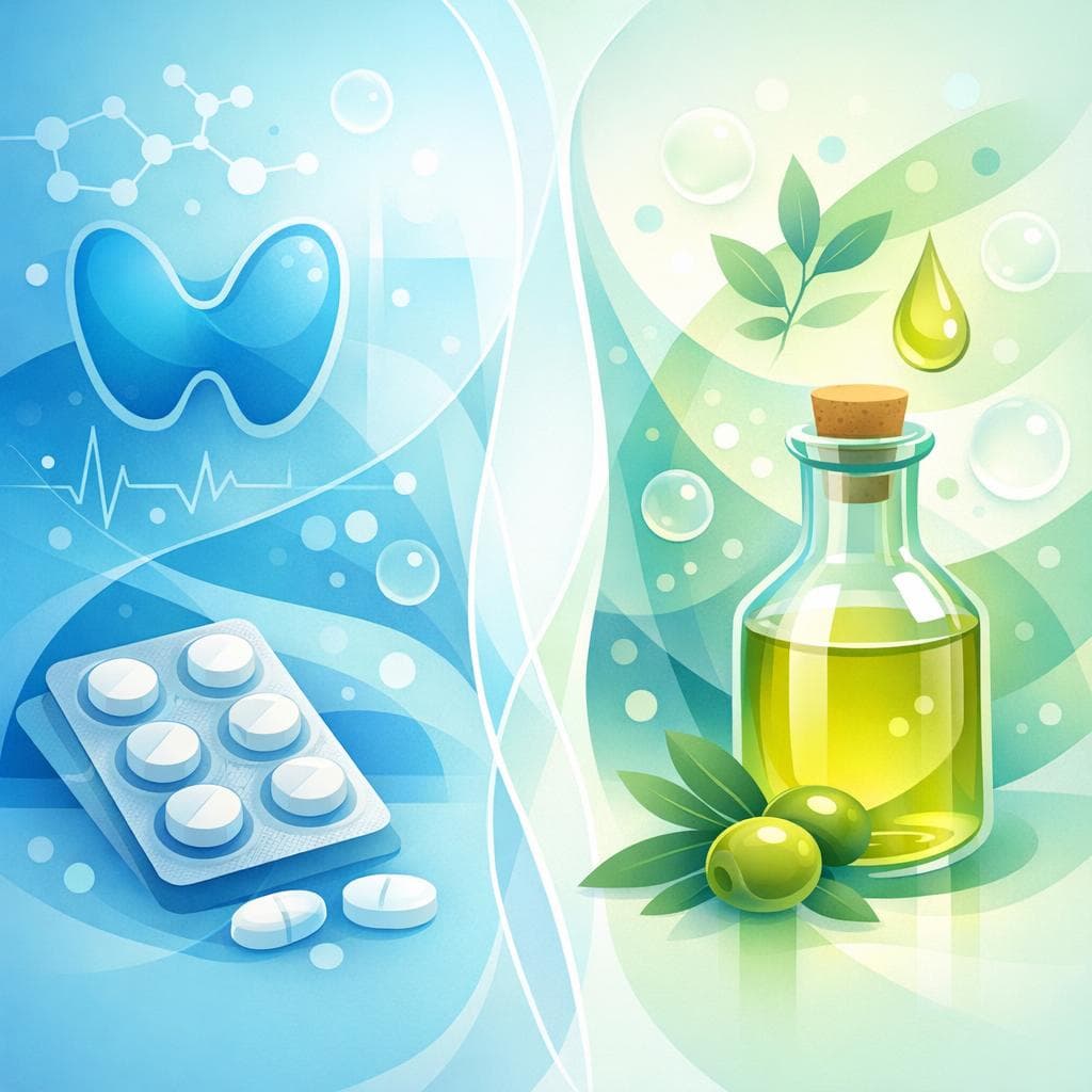 Medical illustration for 미국 NIH 자료 기반 | 레보티록신 복용 전에 올리브 오일을 섭취하면 약 흡수나 효과가 떨어진다는 말이 사실인가요? - Persly Health Information