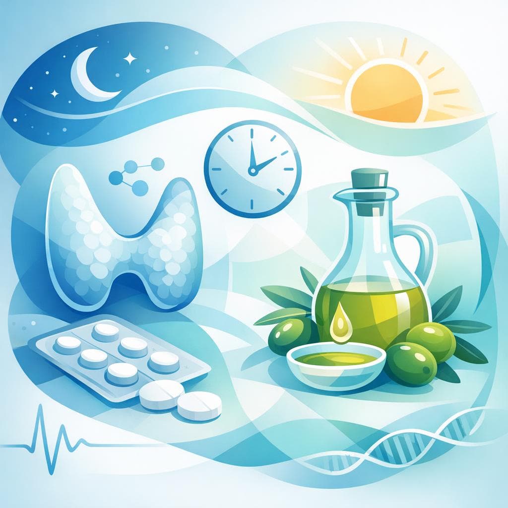 Medical illustration for 미국 NIH 자료 기반 | 아침에 레보티록신을 복용할 때 올리브오일 한 스푼을 함께 먹으면 약 흡수에 영향을 주나요? 영향을 준다면 복용 후 올리브오일은 몇 시간 뒤에 섭취하는 것이 좋나요? - Persly Health Information