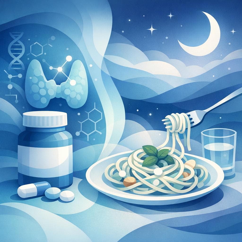 Medical illustration for 미국 NIH 자료 기반 | Levothyroxine(레보티록신)을 복용 중인데 밤에 파스타를 먹으면 약 흡수나 효과에 영향을 준다는 말이 사실인가요? - Persly Health Information