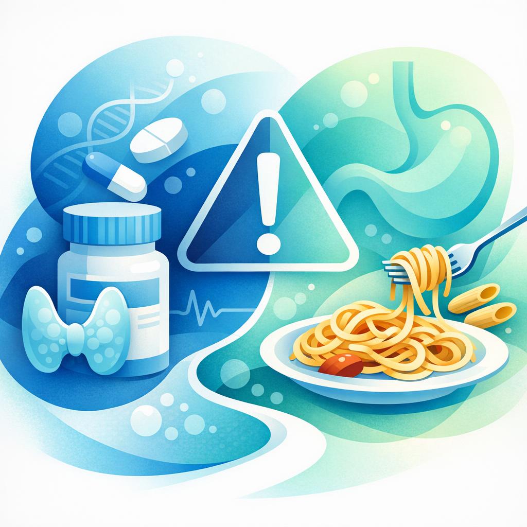 Medical illustration for Based on NIH | Does eating pasta, especially iron-fortified or high-fiber pasta, interfere with levothyroxine absorption, and how many hours should I separate my dose from a pasta meal? - Persly Health Information