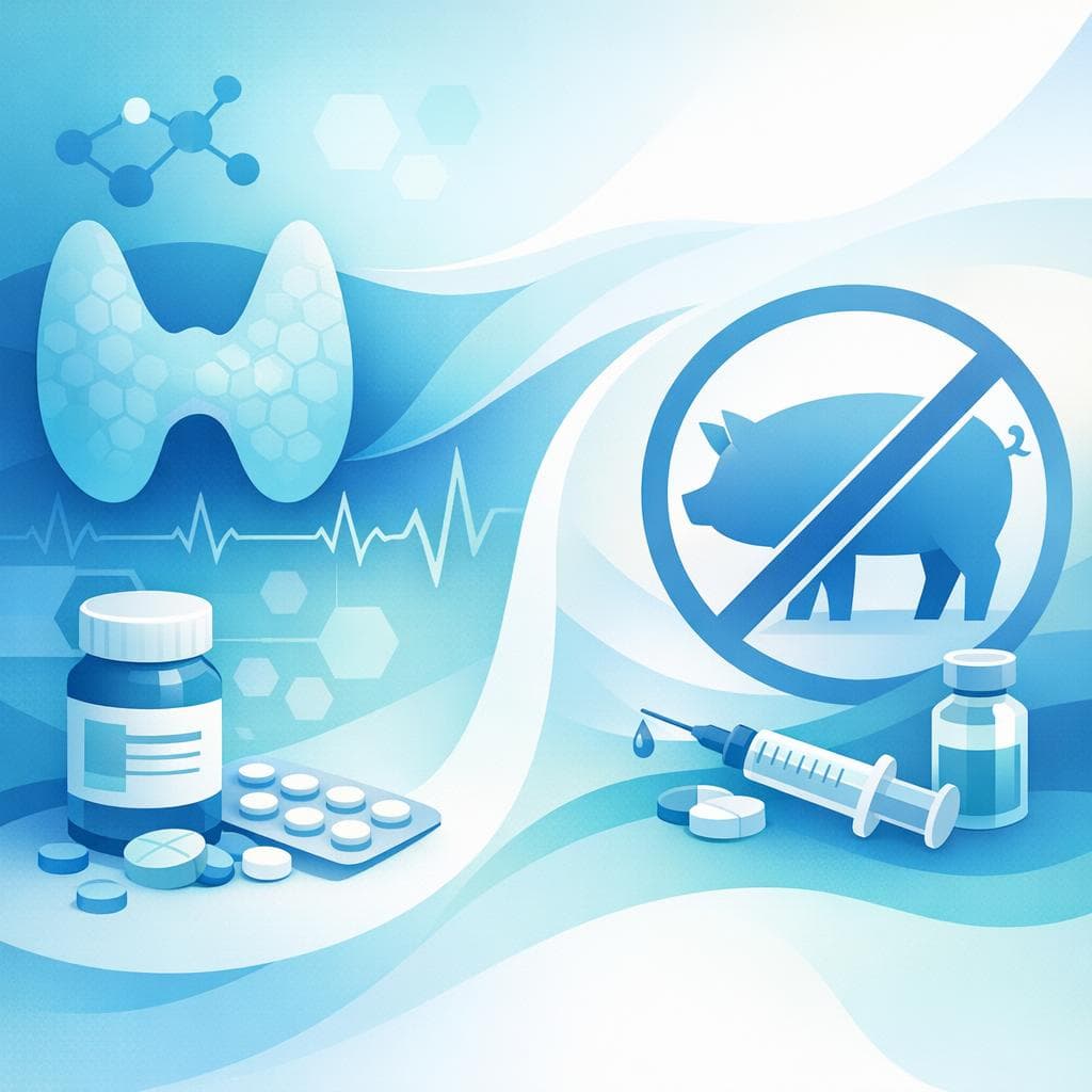 Medical illustration for Based on NIH | Does levothyroxine contain pork or pork-derived ingredients, and is any dosage caution needed for people with pork allergies or religious dietary restrictions? - Persly Health Information