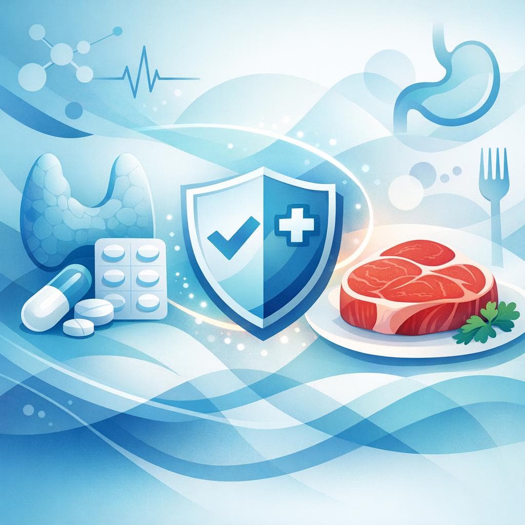 Medical illustration for Based on NIH | Is it safe to eat red meat while taking levothyroxine, or can red meat reduce the medication’s absorption or effectiveness? - Persly Health Information