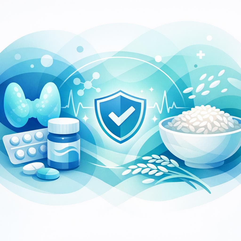 Medical illustration for Based on NIH | Does eating rice (white or brown) interfere with levothyroxine absorption, and how long should I wait between taking my dose and consuming rice to be safe? - Persly Health Information