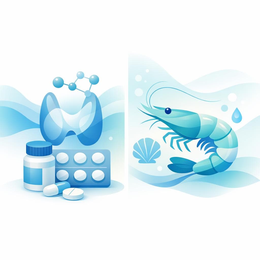 Medical illustration for Based on NIH | Is it safe to eat shrimp shortly before taking levothyroxine, or does the iodine in shrimp interfere with the medication’s absorption? - Persly Health Information
