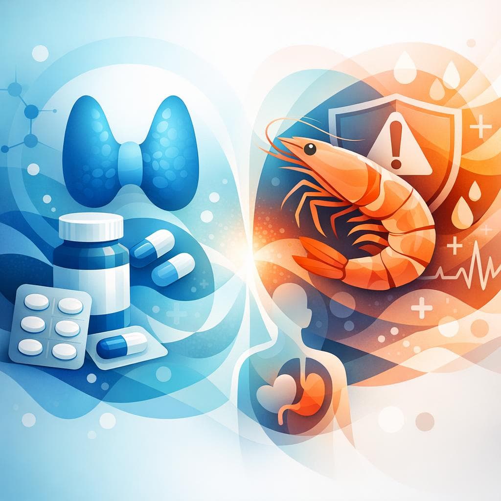 Medical illustration for Based on NIH | Is there any increased risk of side effects from taking levothyroxine if I have a shrimp (shellfish) allergy? - Persly Health Information