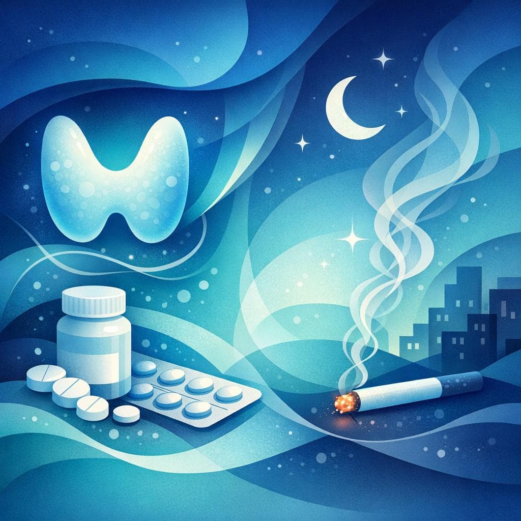 Medical illustration for Based on NIH | Is it true that smoking at night can interfere with levothyroxine and make the medication less effective the next morning? - Persly Health Information