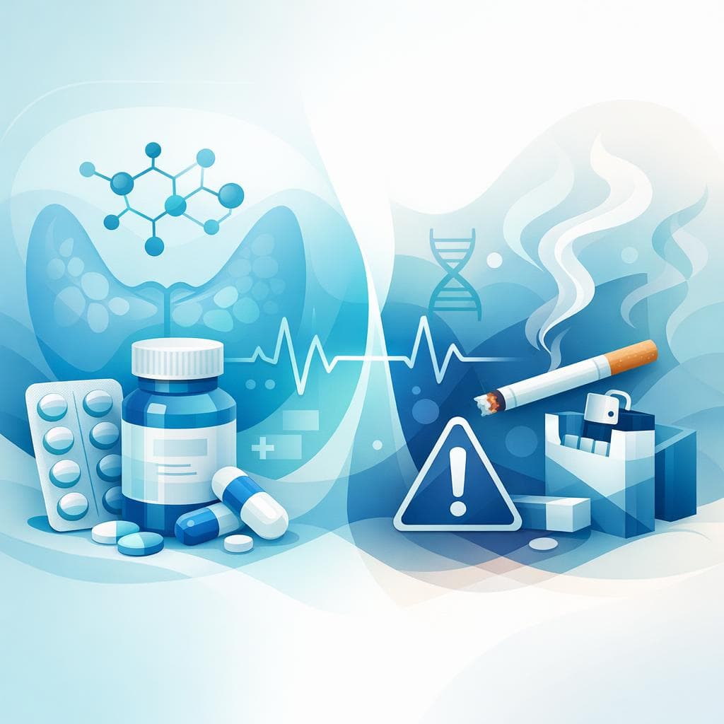 Medical illustration for Basado en NIH de EE.UU. | Si fumo, ¿es necesario ajustar la dosis de levotiroxina y qué precauciones debo seguir para tomarla correctamente? - Persly Health Information