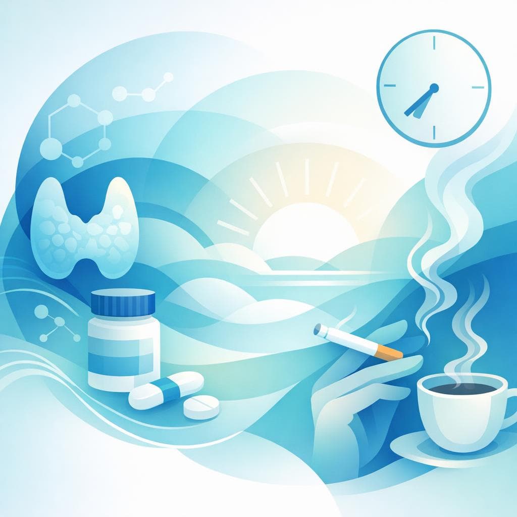 Medical illustration for 미국 NIH 자료 기반 | 레보티록신을 아침 공복에 복용할 때 복용 전이나 직후에 담배를 피우면 약물 흡수나 효과에 영향을 주나요? - Persly Health Information