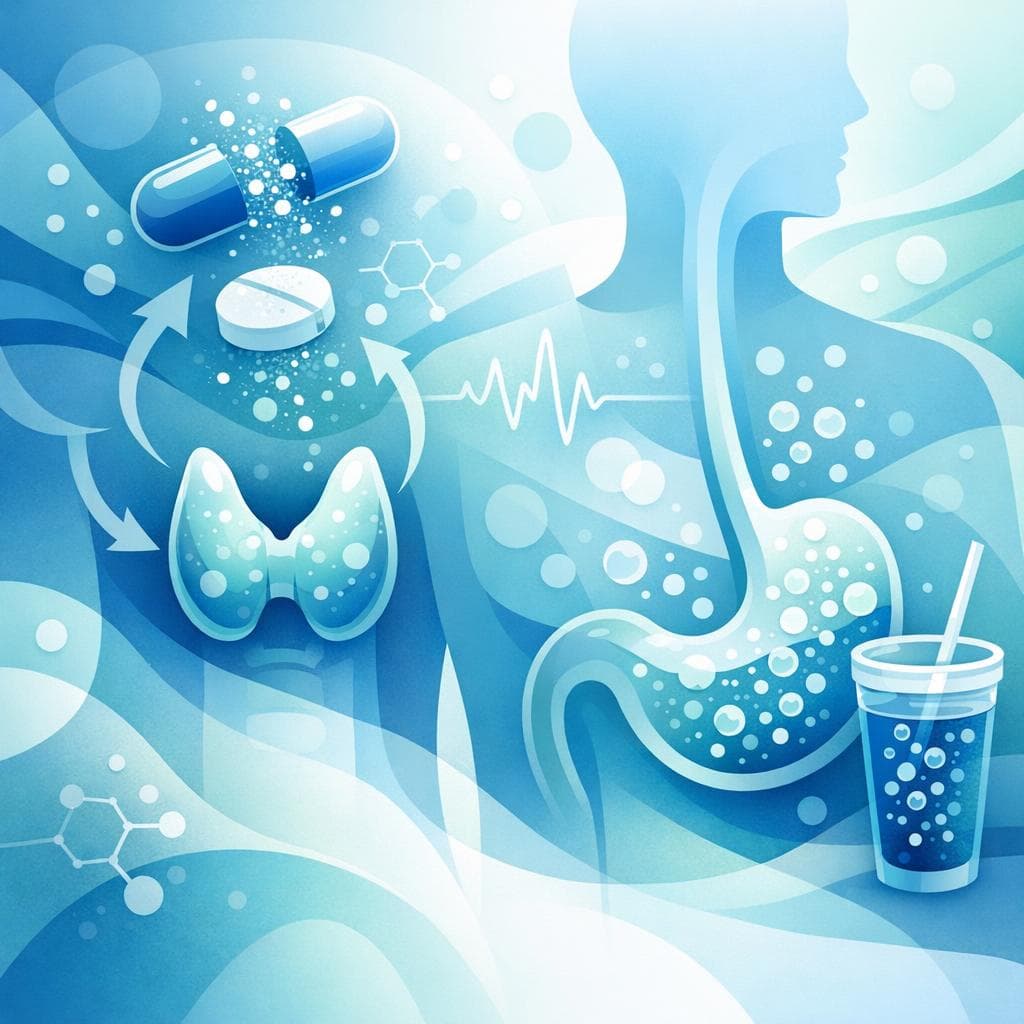 Medical illustration for Based on NIH | How long should I wait to drink soda after taking levothyroxine, and could it affect the medication’s absorption? - Persly Health Information