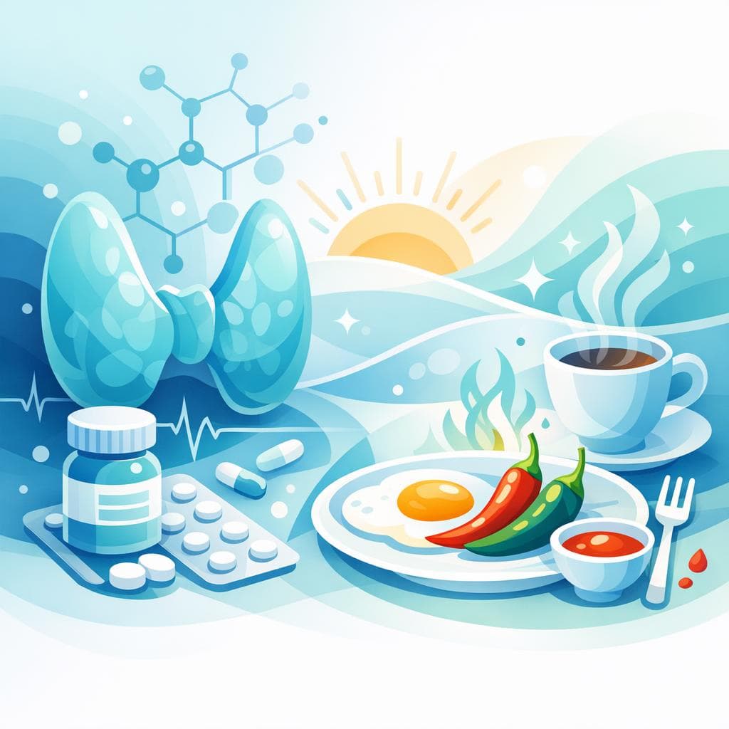 Medical illustration for 미국 NIH 자료 기반 | 레보티록신을 아침 공복에 복용한 뒤 곧바로 매운 아침 식사를 하면 약 흡수나 효과에 영향을 줄 수 있나요? - Persly Health Information