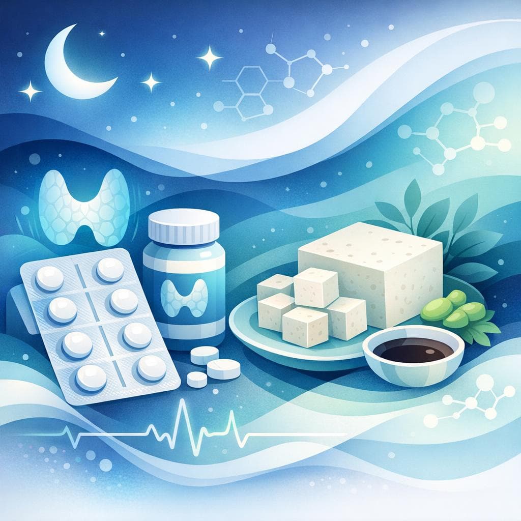 Medical illustration for 미국 NIH 자료 기반 | 레보티록신을 복용 중인데 밤에 두부를 먹으면 약 흡수가 방해되어 효과가 떨어진다는 말이 사실인가요? - Persly Health Information