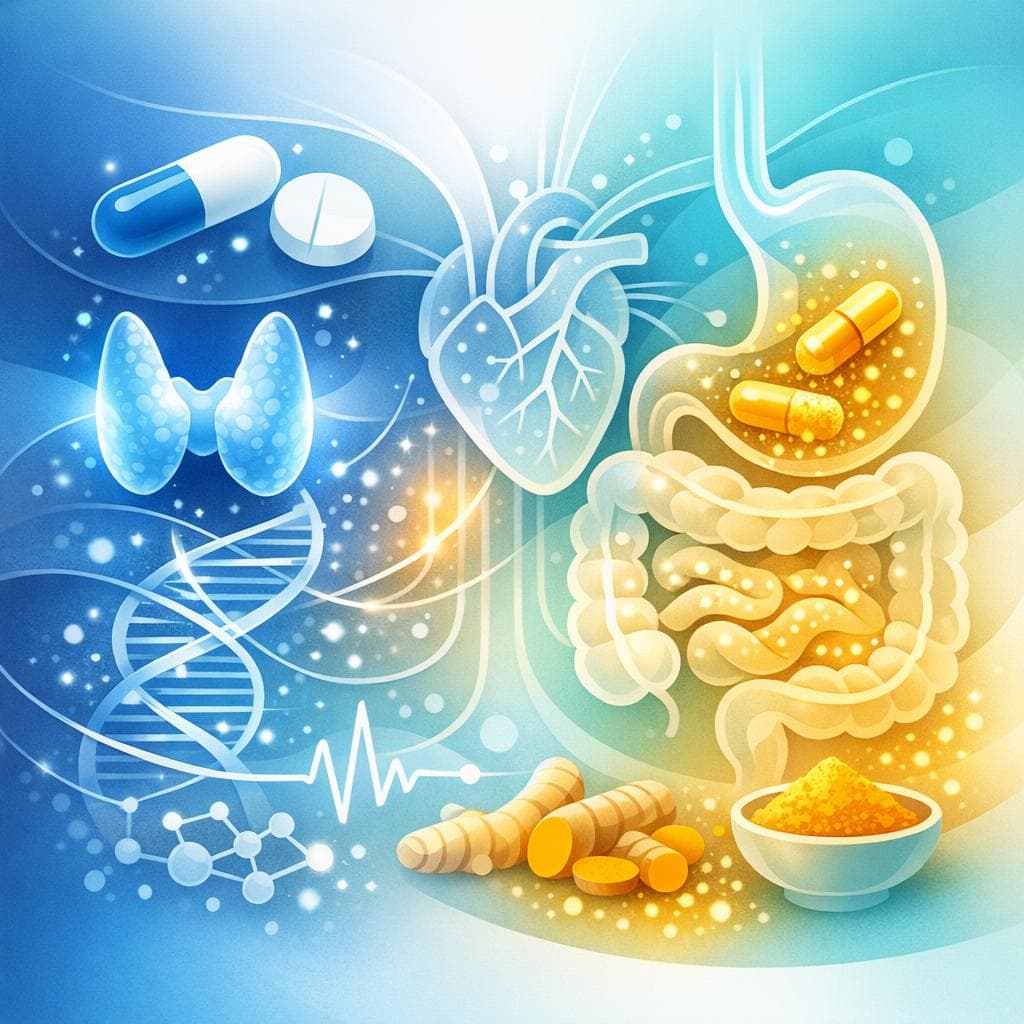 Medical illustration for Based on NIH | Is it safe to take turmeric or curcumin right after taking levothyroxine, or should I wait a certain amount of time to avoid absorption or interaction issues? - Persly Health Information