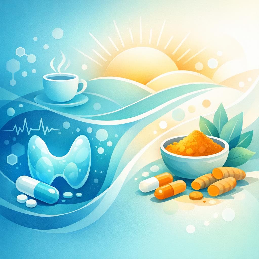 Medical illustration for PubMed 자료 기반 | 레보티록신을 아침 공복에 복용할 때 강황(커큐민) 보충제나 강황차를 함께 섭취해도 안전한가요, 흡수나 약효에 영향을 줘서 복용 간격을 둬야 하나요? - Persly Health Information