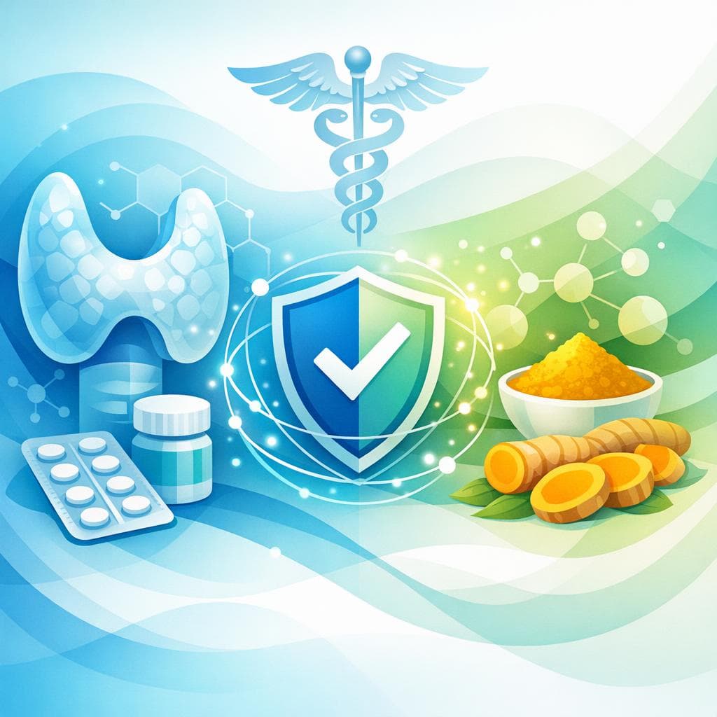 Medical illustration for 미국 NIH 자료 기반 | 레보티록신을 복용할 때 강황(커큐민)과 상호작용이 있어 함께 복용해도 안전한가요? - Persly Health Information