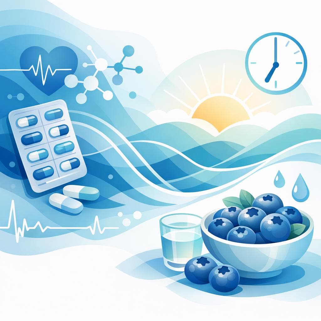 Medical illustration for 미국 NIH 자료 기반 | 로사르탄을 복용할 때 아침에 블루베리를 먹으면 약 효과나 흡수에 영향을 준다는 말이 사실인가요? - Persly Health Information