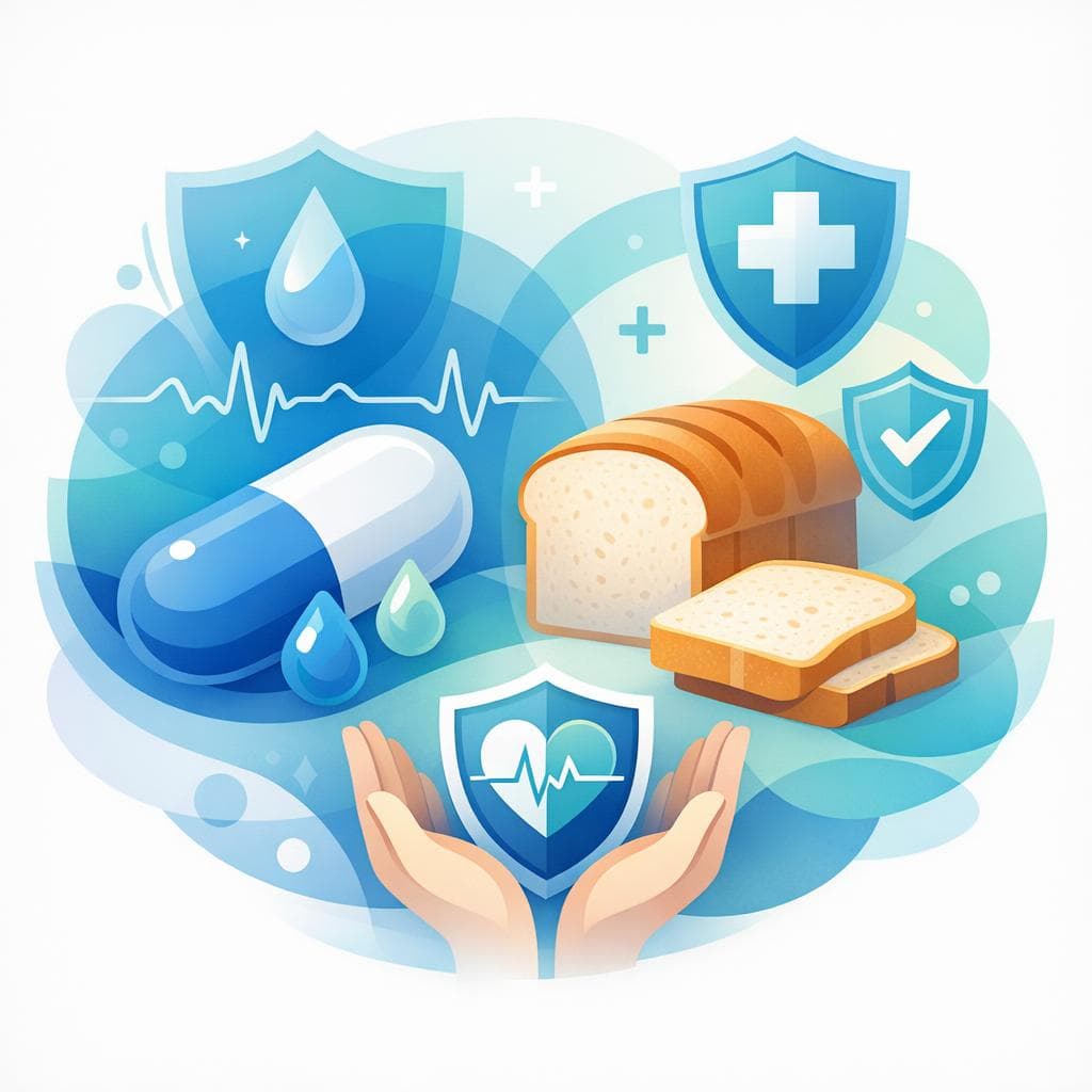 Medical illustration for Based on NIH | Is it safe to eat bread every day while taking losartan, or could high-sodium or potassium-fortified breads interfere with the medication or raise risks? - Persly Health Information