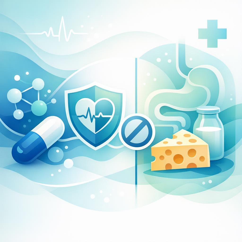Medical illustration for Based on PubMed | Is it safe to eat cheese, including aged varieties, while taking losartan, or are there any tyramine-related interactions to worry about? - Persly Health Information