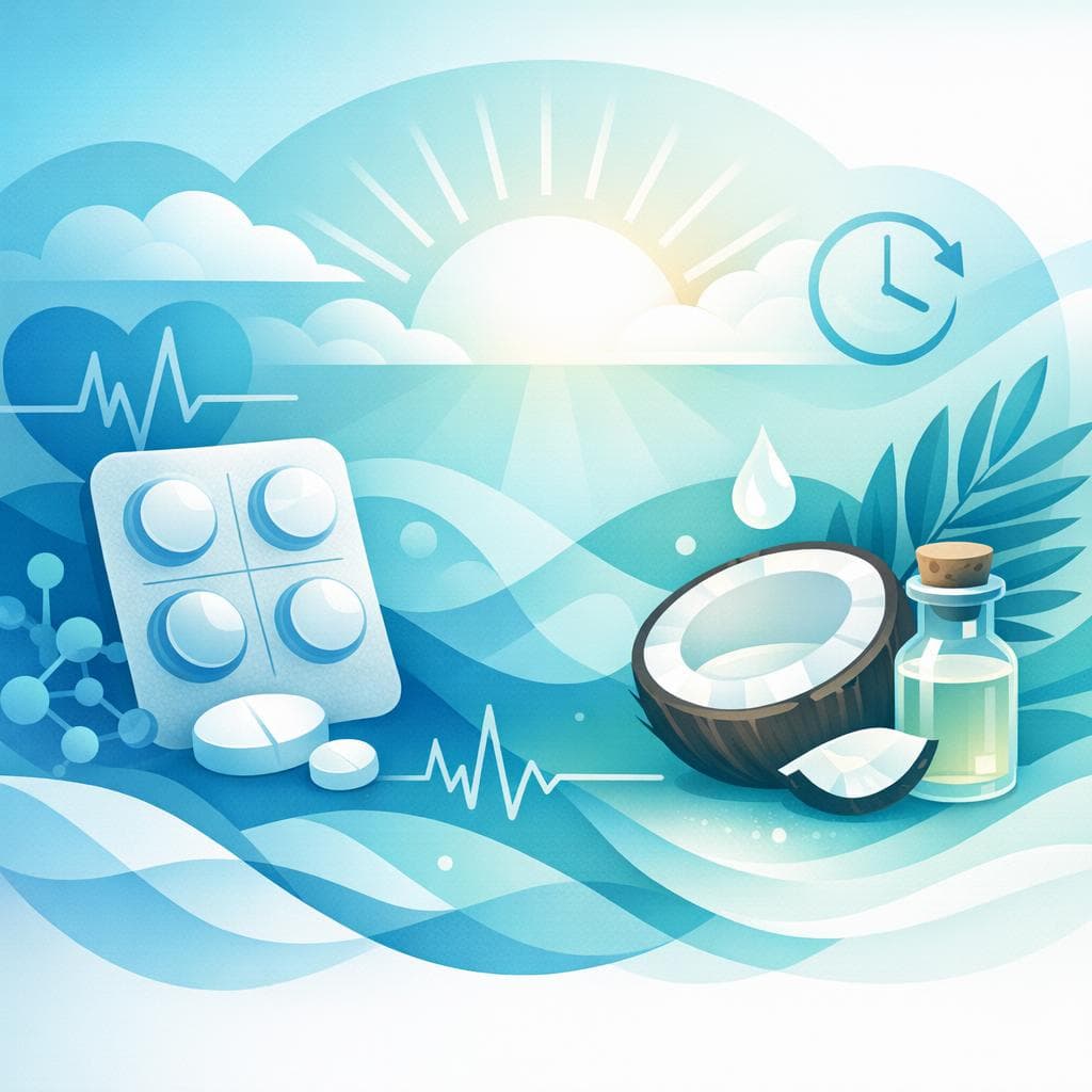 Medical illustration for 미국 NIH 자료 기반 | 로사르탄을 복용 중인데 아침마다 코코넛 오일을 섭취하면 약물 흡수나 혈압 조절에 영향을 줄 수 있나요? - Persly Health Information