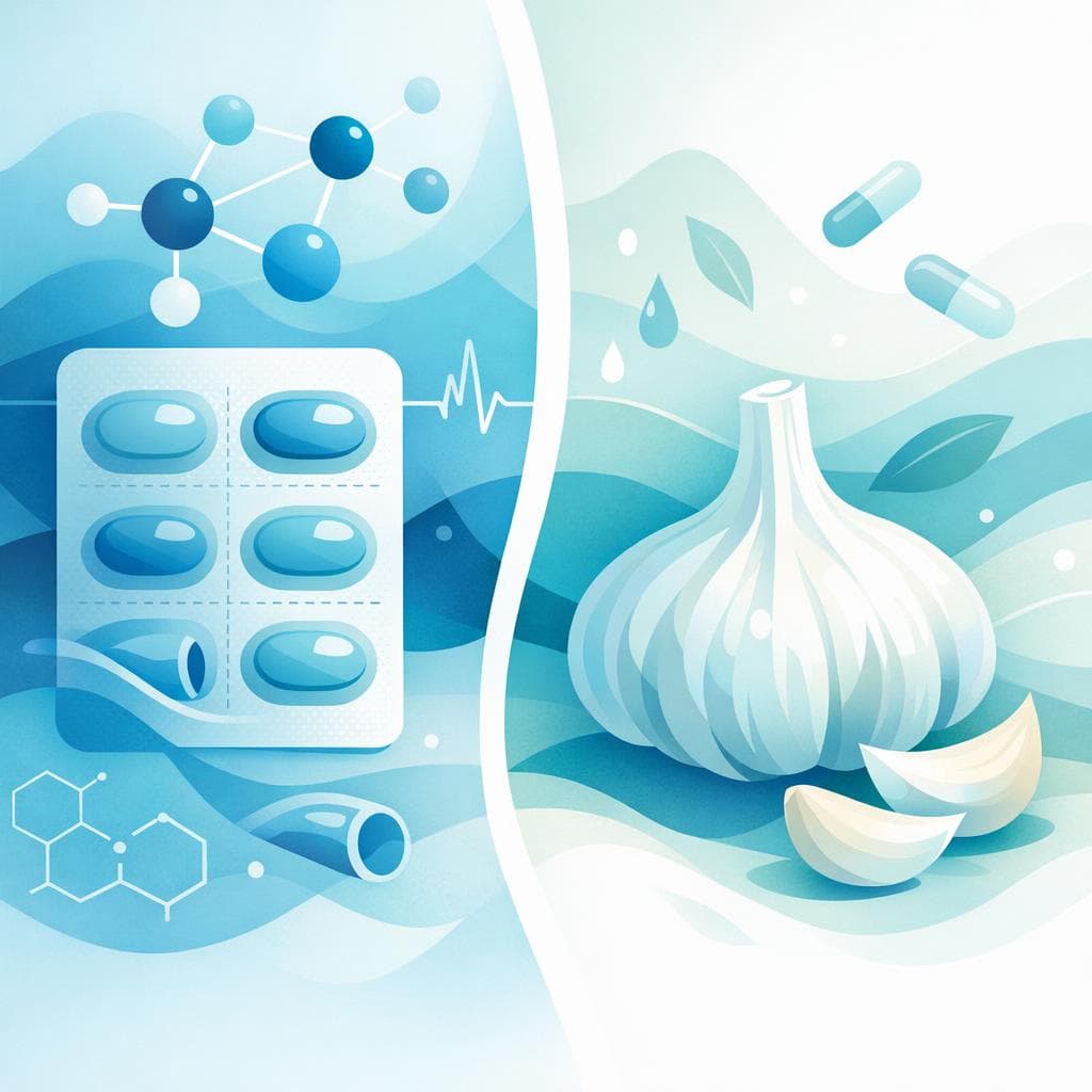 Medical illustration for Based on PubMed | Is it safe to eat garlic or take garlic supplements right before taking Losartan, or can garlic interact with Losartan and cause excessive blood pressure lowering or changes in potassium levels? - Persly Health Information