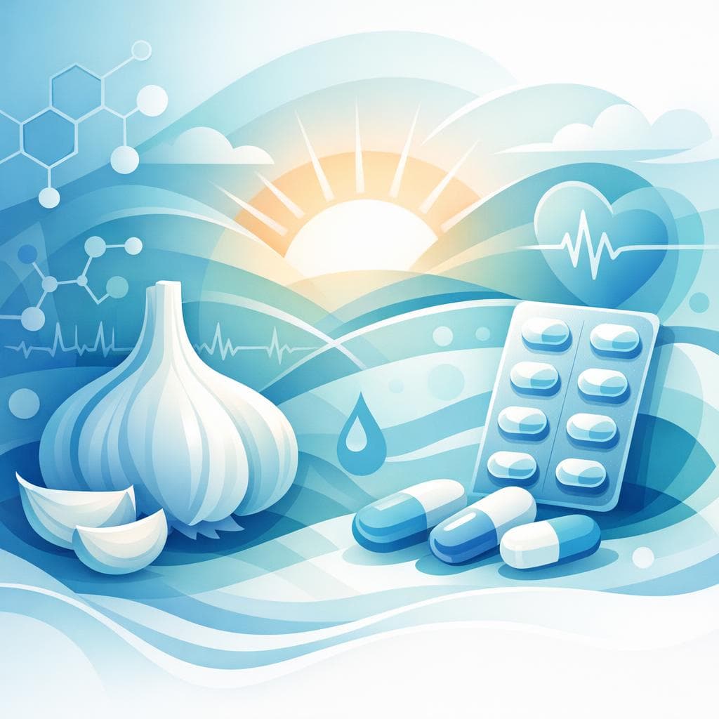 Medical illustration for 미국 NIH 자료 기반 | 로사르탄 복용 중 아침 공복에 마늘(생마늘 또는 마늘 보충제)을 섭취해도 상호작용이나 저혈압 위험 없이 안전하다는 근거가 있나요? - Persly Health Information