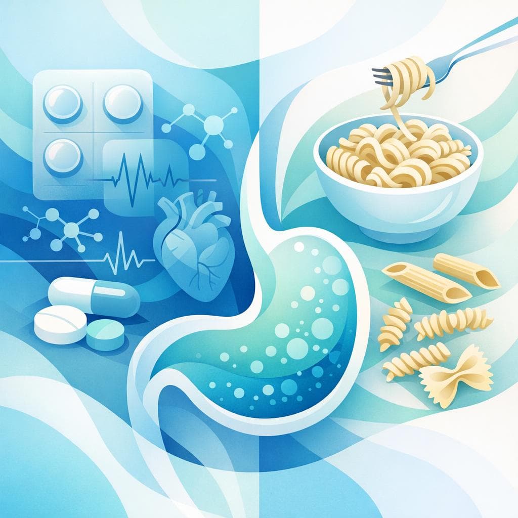 Medical illustration for Basado en NIH de EE.UU. | ¿Es cierto que conviene comer pasta antes de tomar losartán para mejorar su absorción o evitar efectos secundarios? - Persly Health Information