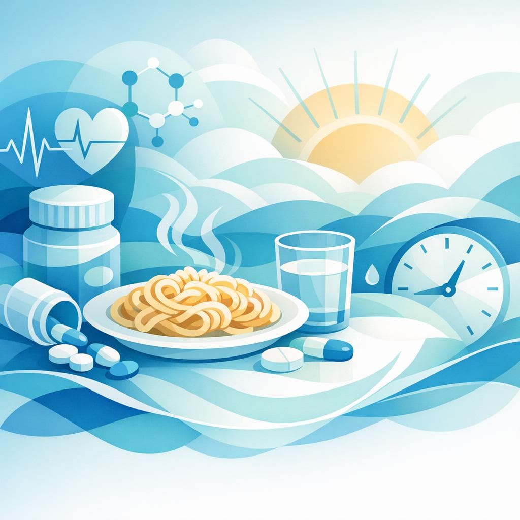 Medical illustration for 미국 NIH 자료 기반 | 로사르탄은 아침에 파스타를 먹은 직후에 복용해도 흡수나 효과에 문제가 없나요? - Persly Health Information