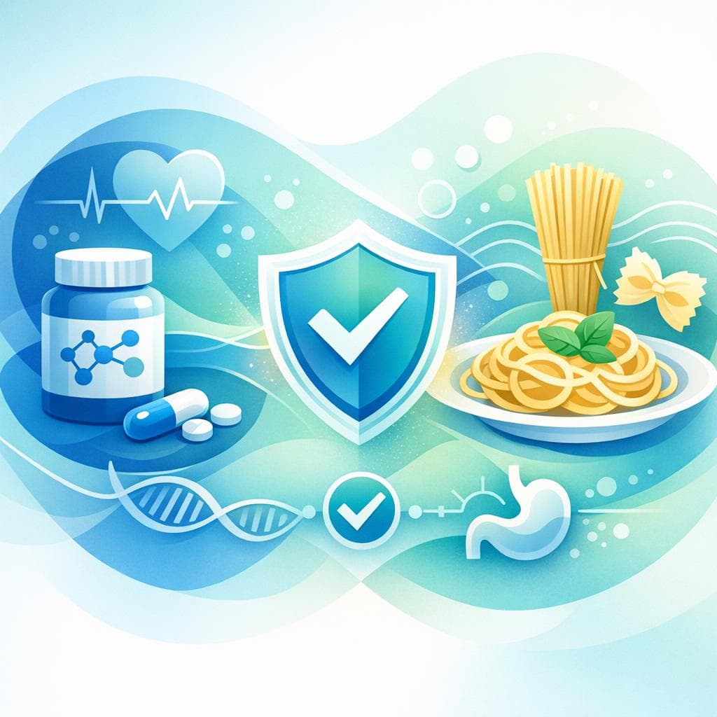 Medical illustration for 미국 NIH 자료 기반 | 로사르탄 복용 중에 파스타를 먹어도 약물 상호작용이나 안전성 문제는 없나요? - Persly Health Information