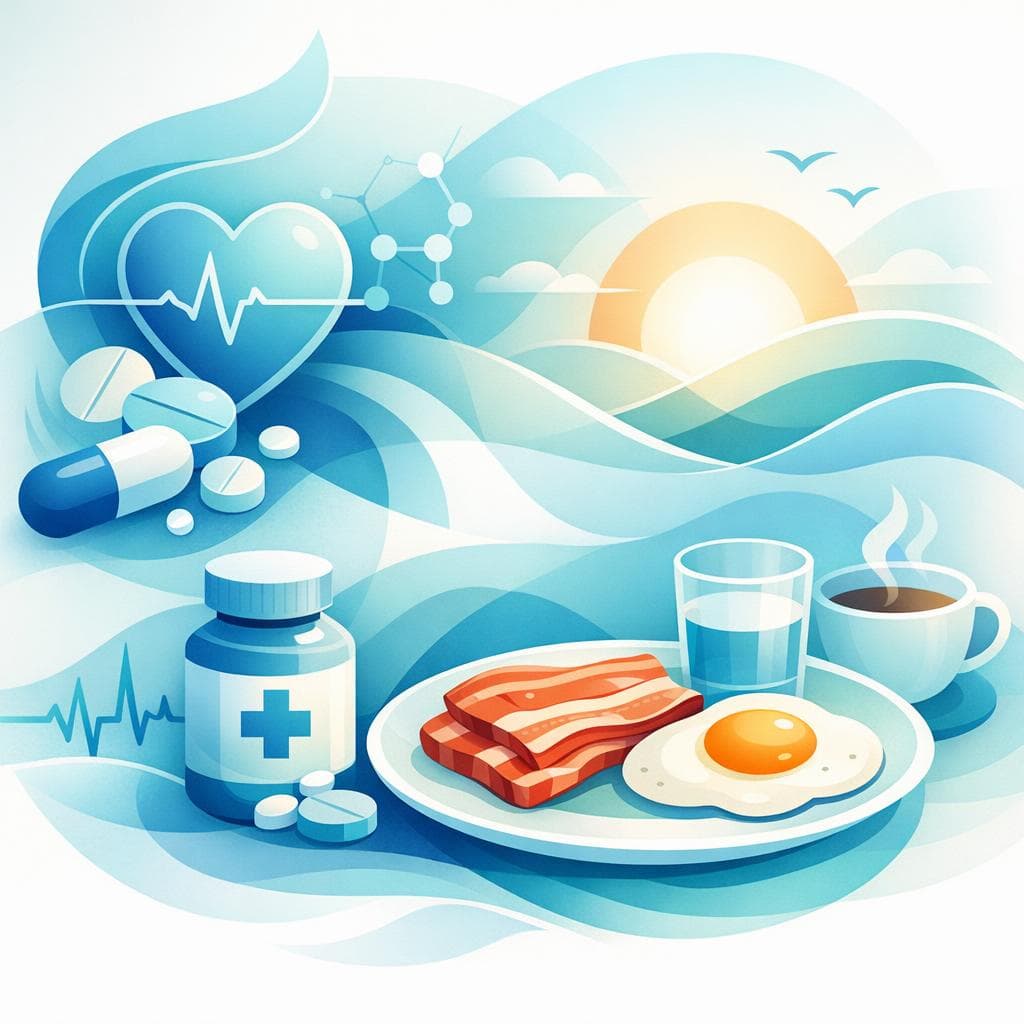 Medical illustration for 미국 NIH 자료 기반 | 로사르탄을 아침에 복용할 때 아침 식사로 돼지고기를 먹어도 약물 상호작용이나 약효에 문제가 없나요? - Persly Health Information