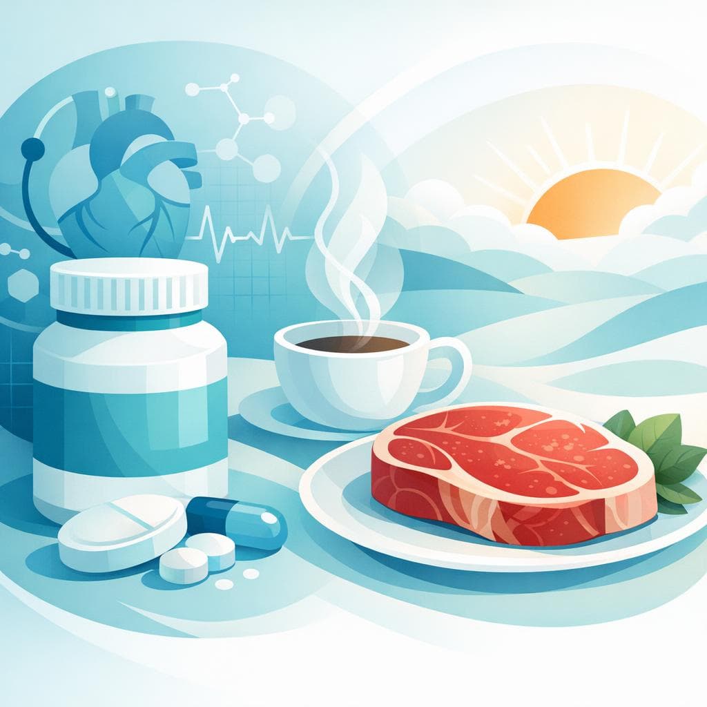 Medical illustration for 미국 NIH 자료 기반 | 로사르탄 복용 중인데 아침에 붉은 고기를 먹어도 약물 상호작용이나 약효·부작용에 문제가 없나요? - Persly Health Information