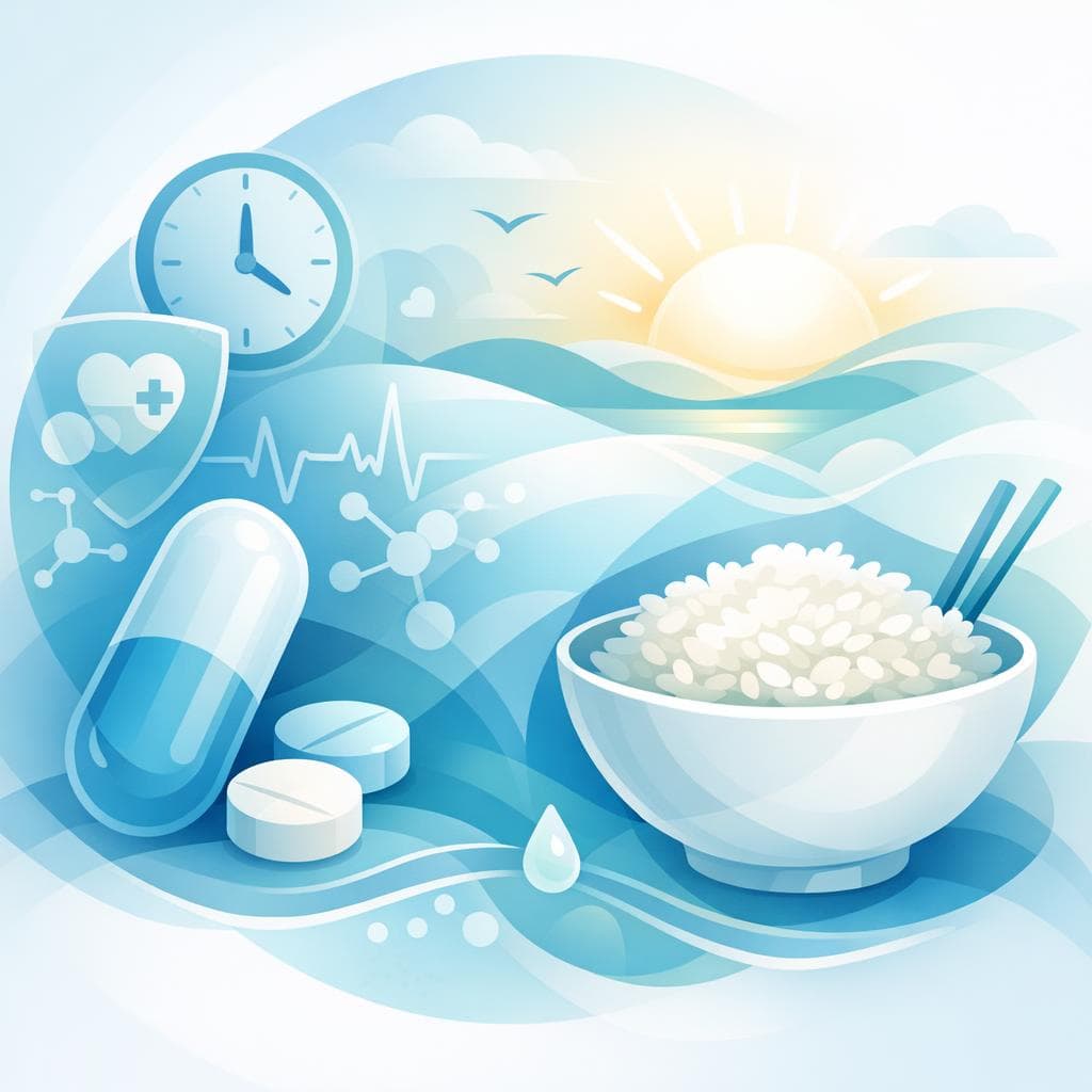 Medical illustration for 미국 NIH 자료 기반 | 로사르탄은 아침에 밥과 함께 복용해도 괜찮나요, 아니면 공복에 따로 먹어야 하나요? - Persly Health Information