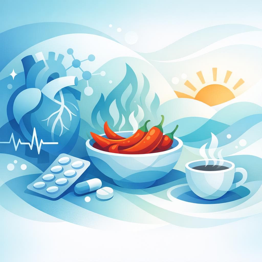 Medical illustration for 미국 NIH 자료 기반 | 로사르탄을 복용 중인데 아침에 매운 음식을 먹으면 약효나 부작용에 영향이 있나요? - Persly Health Information