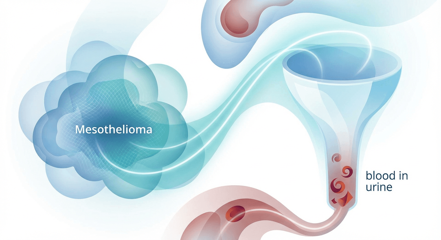 Medical illustration for Based on WHO | Can mesothelioma cause blood in the urine (hematuria), and how should this symptom be evaluated in someone with suspected or confirmed mesothelioma? - Persly Health Information