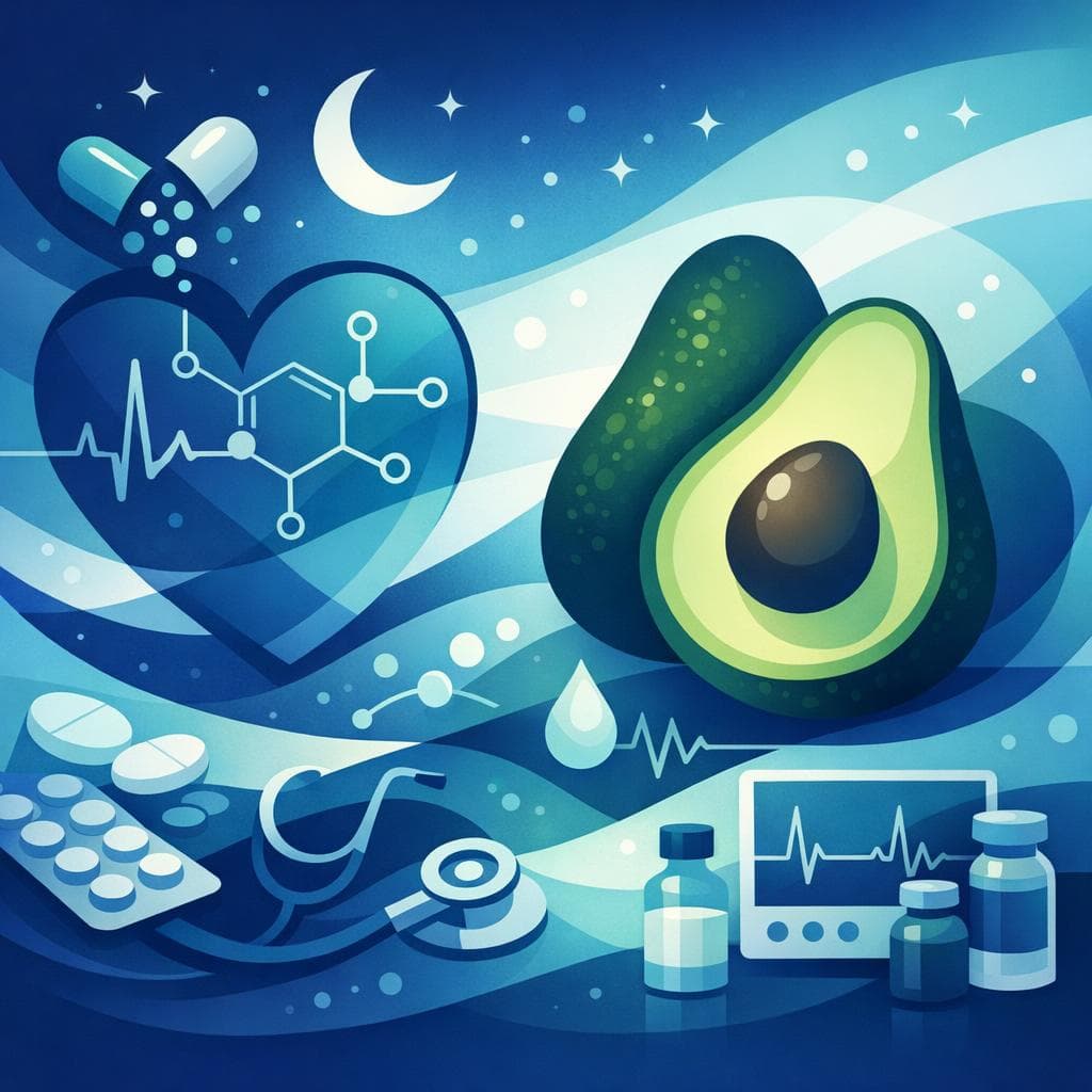 Medical illustration for Based on NIH | Is it safe to eat avocado at night while taking metoprolol, or could it interact with or reduce the effectiveness of the medication? - Persly Health Information