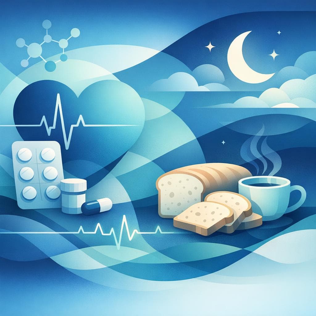 Medical illustration for Based on NIH | Can I take metoprolol at night with bread, or does eating bread before bedtime affect its absorption or effectiveness? - Persly Health Information