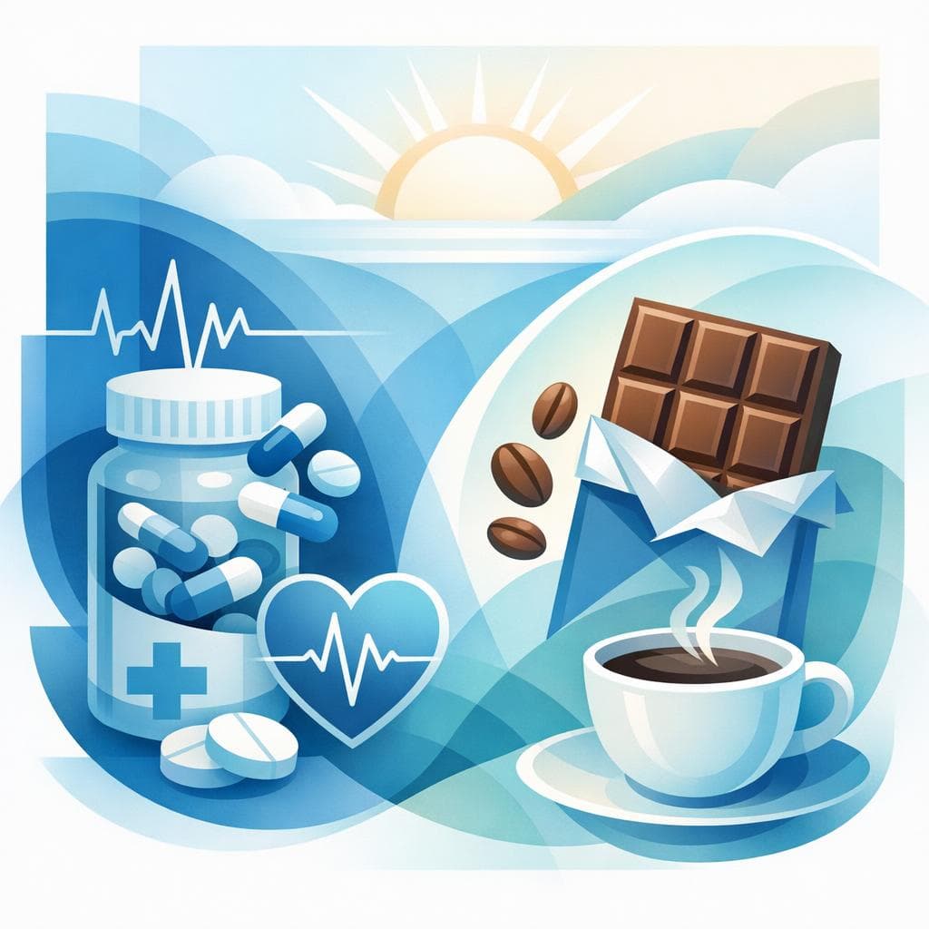 Medical illustration for 미국 NIH 자료 기반 | 메토프로롤을 아침에 복용할 때 초콜릿(카페인 함유)과 함께 먹으면 약물 흡수나 심박수·혈압 조절에 영향을 줄 수 있나요? - Persly Health Information