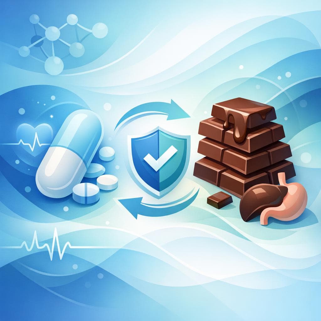 Medical illustration for 미국 NIH 자료 기반 | 메토프로롤 복용 중에 초콜릿(특히 카페인 함유 다크초콜릿)을 먹어도 상호작용 없이 안전한가요? - Persly Health Information