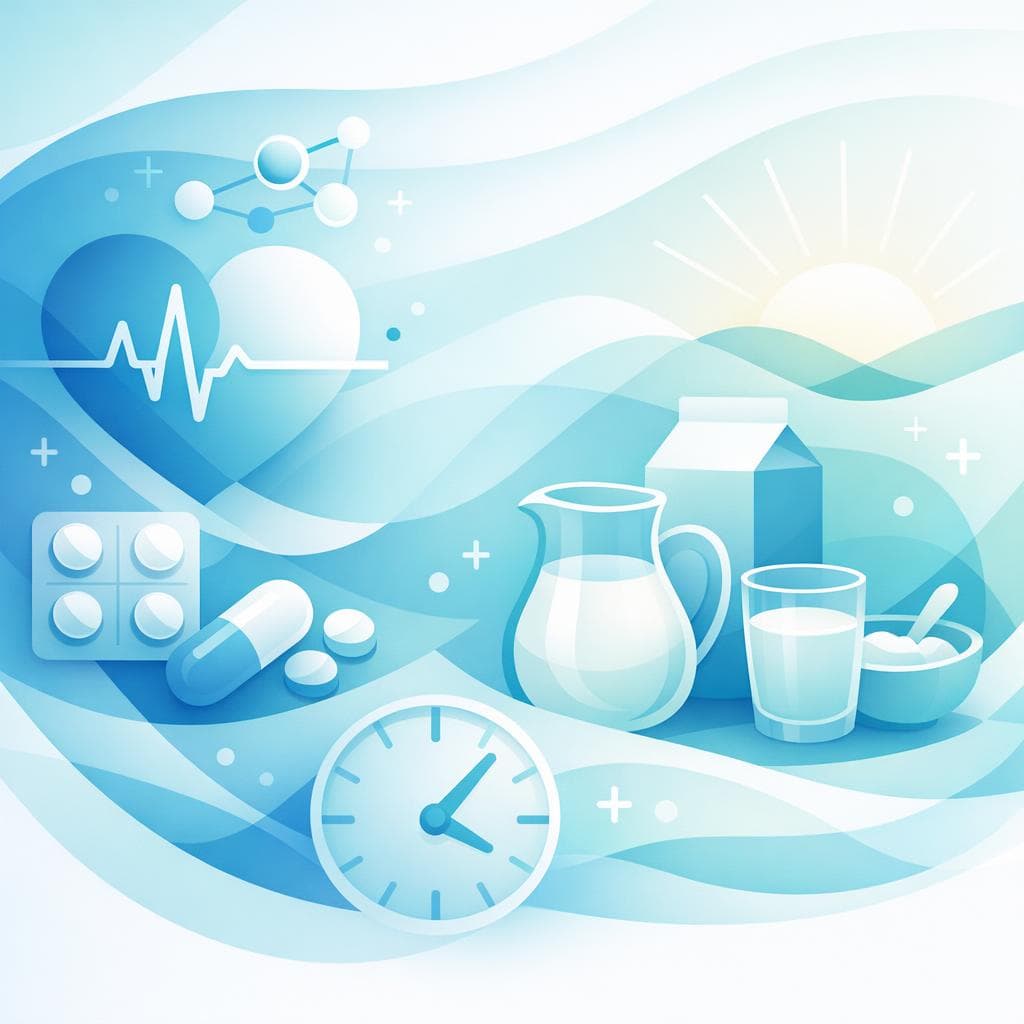 Medical illustration for 미국 NIH 자료 기반 | 메토프로롤을 아침에 우유나 요거트 같은 유제품과 함께 복용해도 약물 흡수나 혈압·맥박 조절 효과에 영향을 주지 않나요? - Persly Health Information