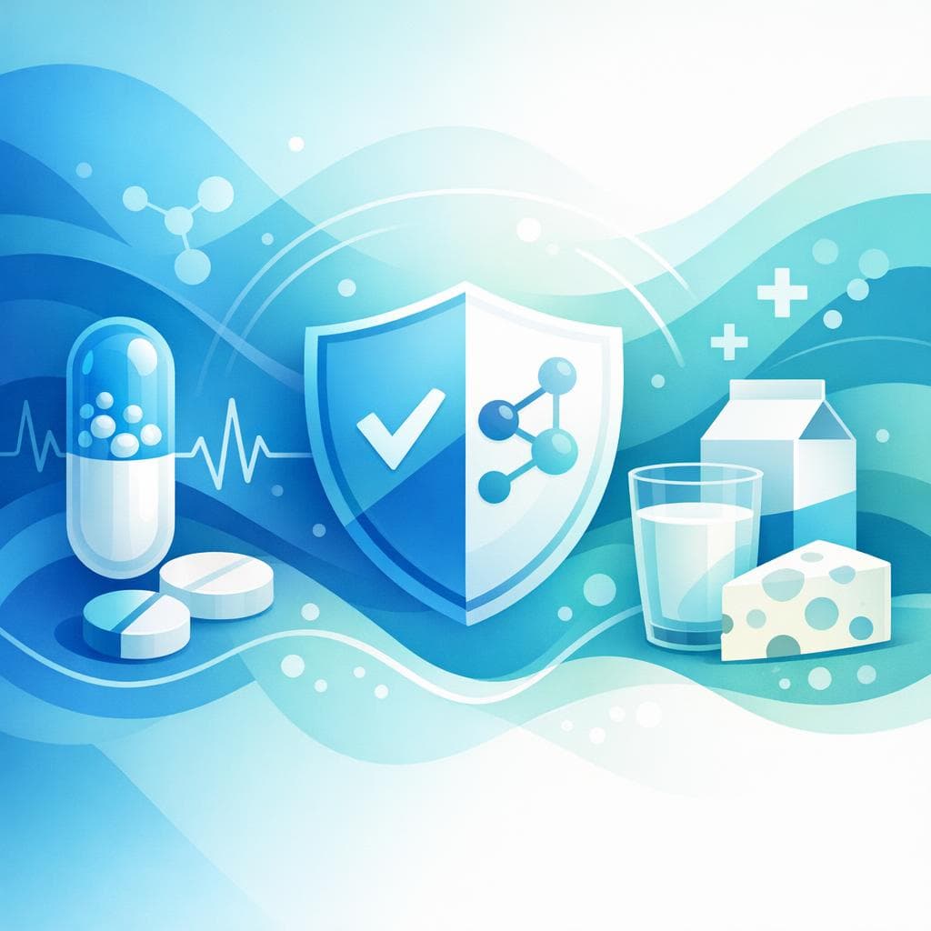 Medical illustration for Based on NIH | Is it safe to take metoprolol with milk or other dairy products, or should I avoid dairy around my dose due to absorption or interaction concerns? - Persly Health Information