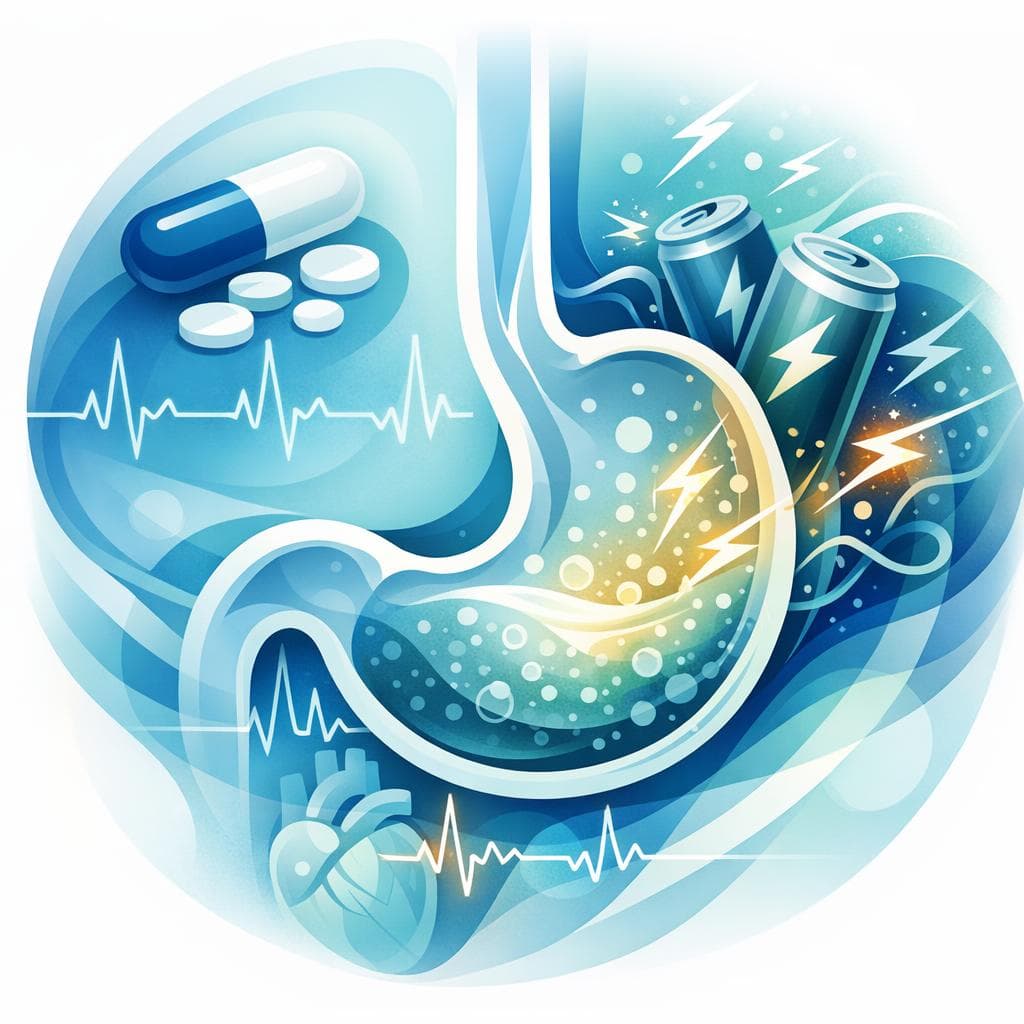 Medical illustration for Based on NIH | Is it safe to drink an energy drink on an empty stomach while taking metoprolol, or could this affect how well the medication works or trigger side effects like palpitations or elevated blood pressure? - Persly Health Information