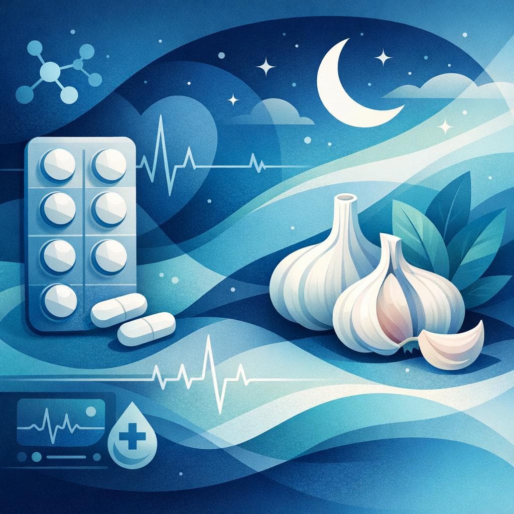 Medical illustration for Based on PubMed | Is it safe to take metoprolol with garlic supplements at night, or does nighttime garlic intake interfere with the drug or increase the risk of low blood pressure or slow heart rate? - Persly Health Information